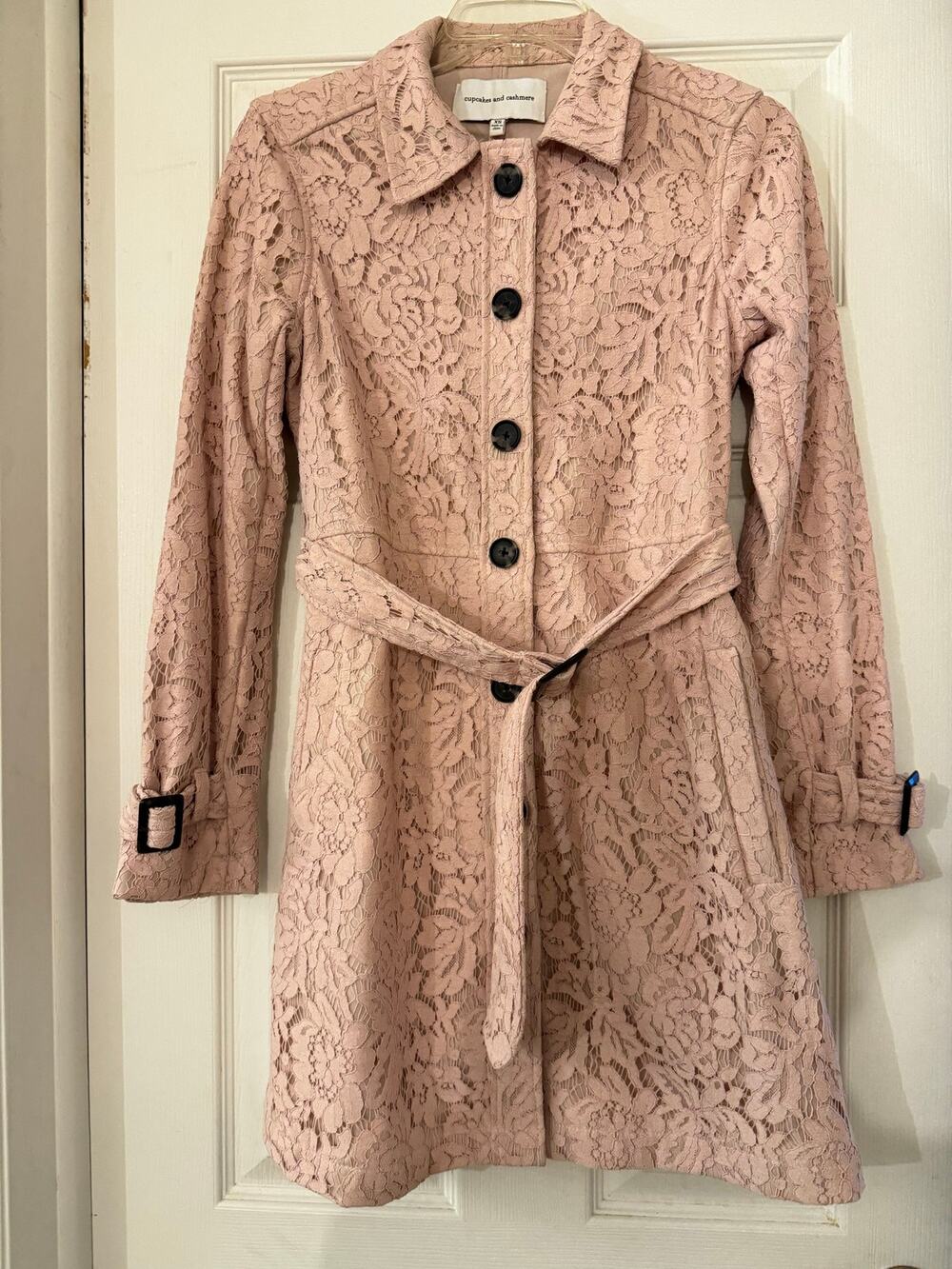 cupcakes and cashmere Blush Pink Floral Lace Belted Trench Coat Size XS